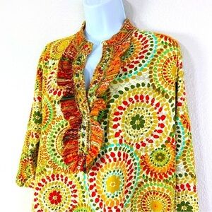 Joyous & Free 3/4 Sleeve Jeweled Ruffle Neck Tunic Top Size XL